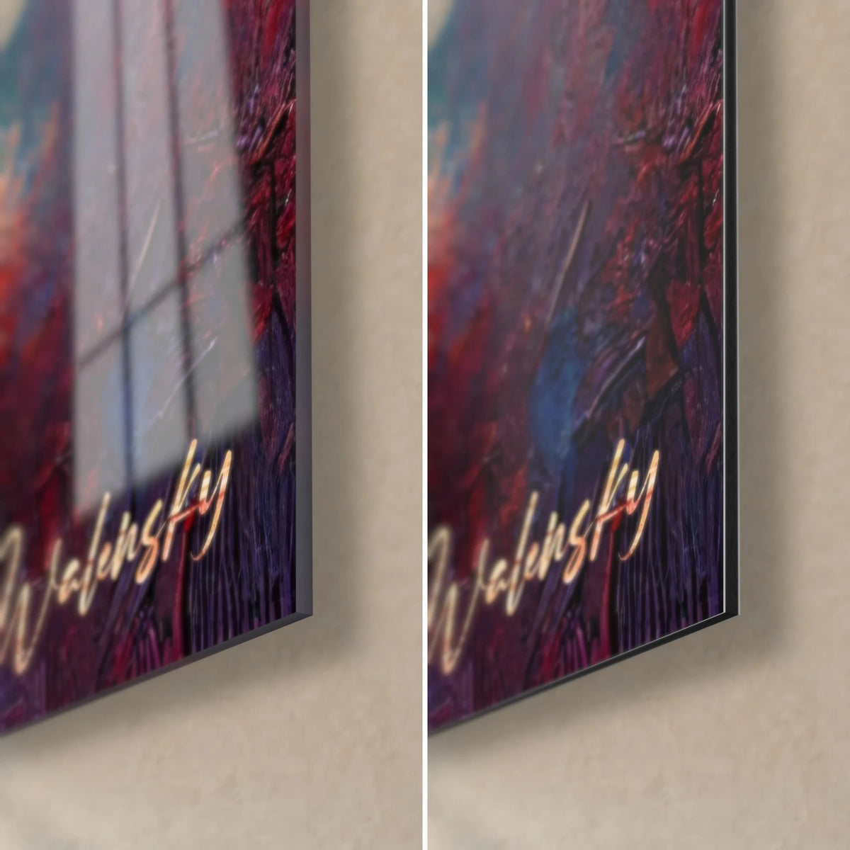 Schilderij boom in mauve en karmijn, rechtsonder: glanzend acrylglas dat een raam weerspiegelt, matte geborstelde aluminium Dibond, rand van 3 mm
