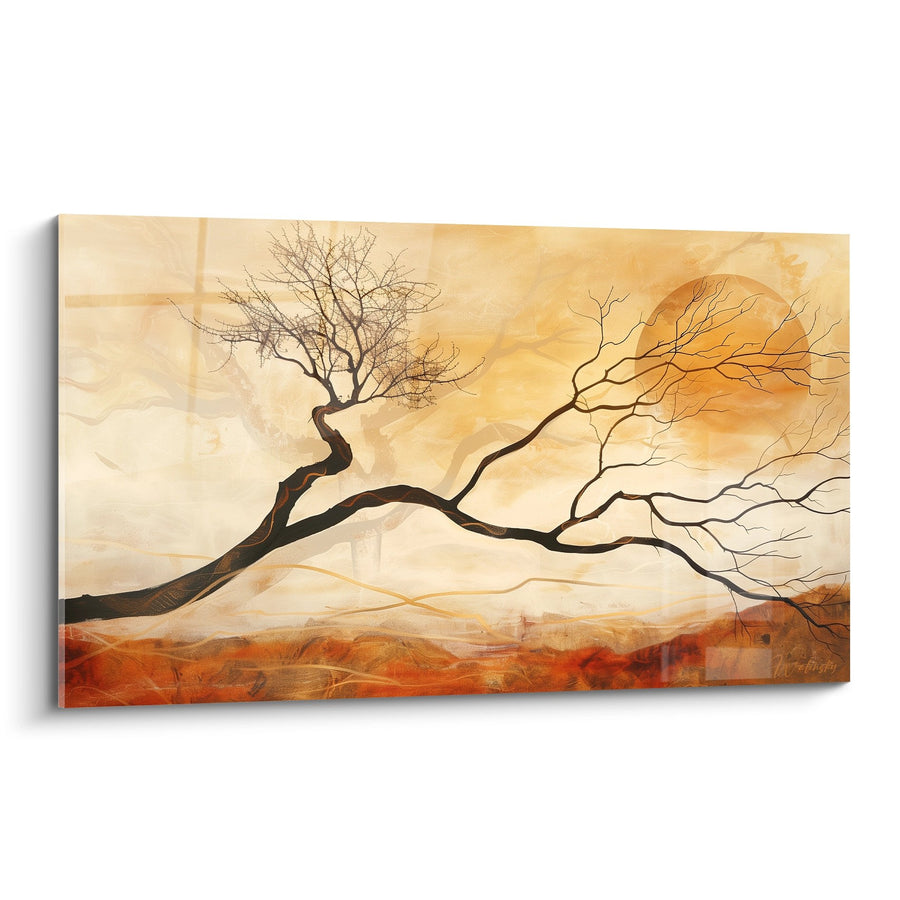 Tableau arbre solitaire aux tons dorés sur paysage désertique - Sérénité saharienne - Edition Paysages africains