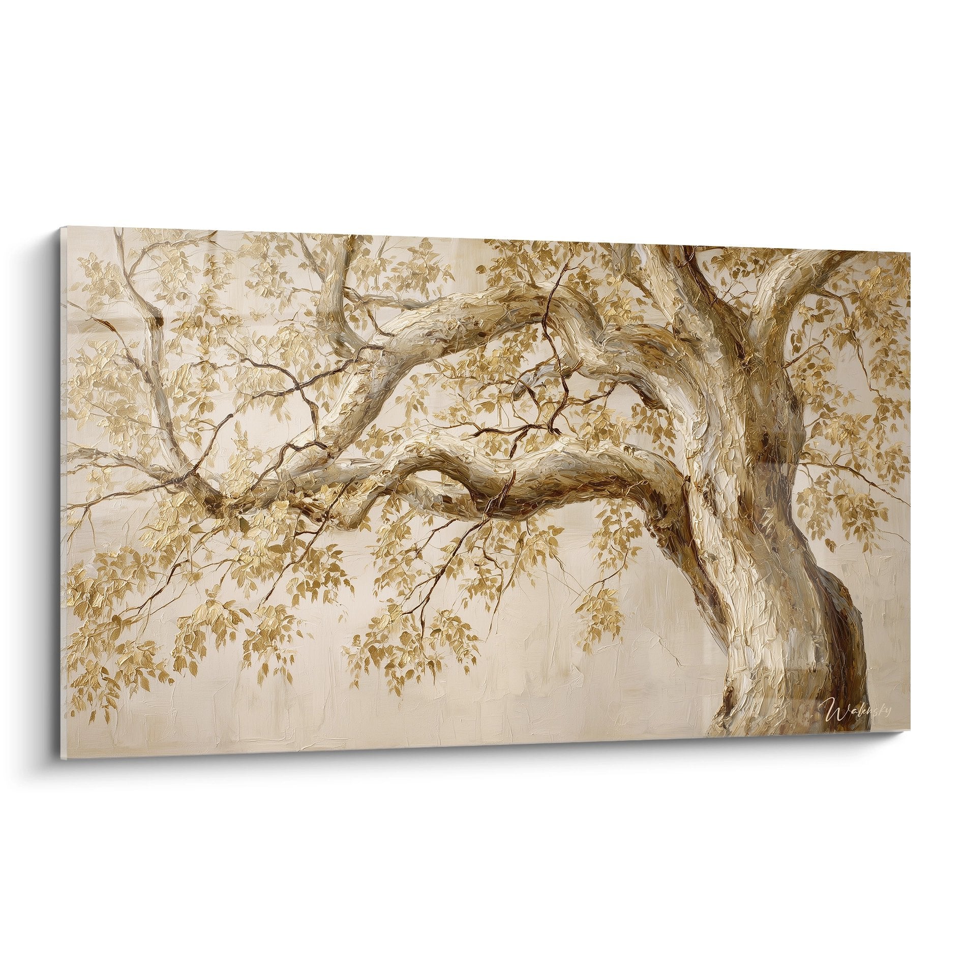 Tableau arbre majestueux aux branches dorées et feuillage cuivré sur fond beige crème
