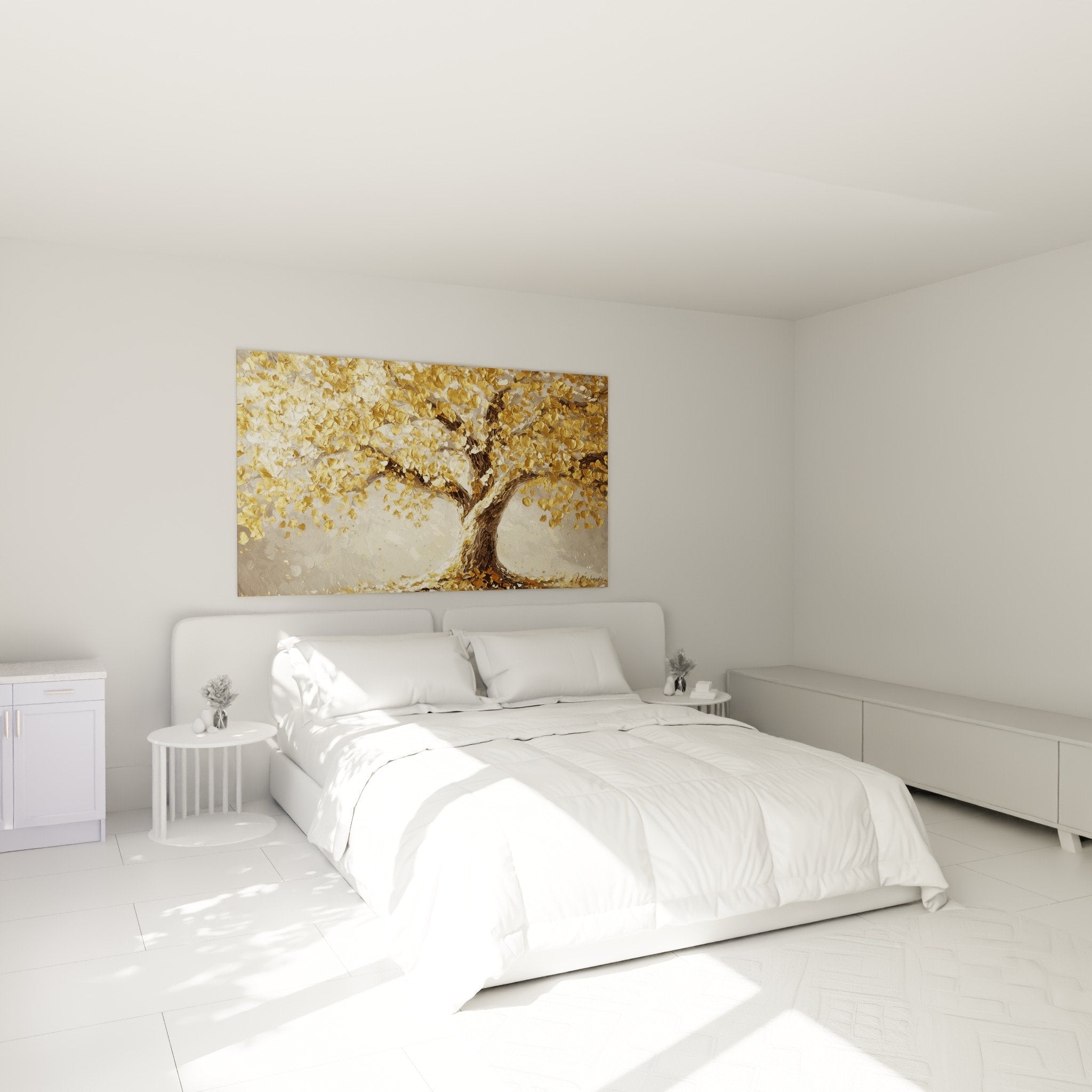 Tableau arbre dore dans chambre parentale au dessus du lit, decoration murale chaleureuse tons beiges