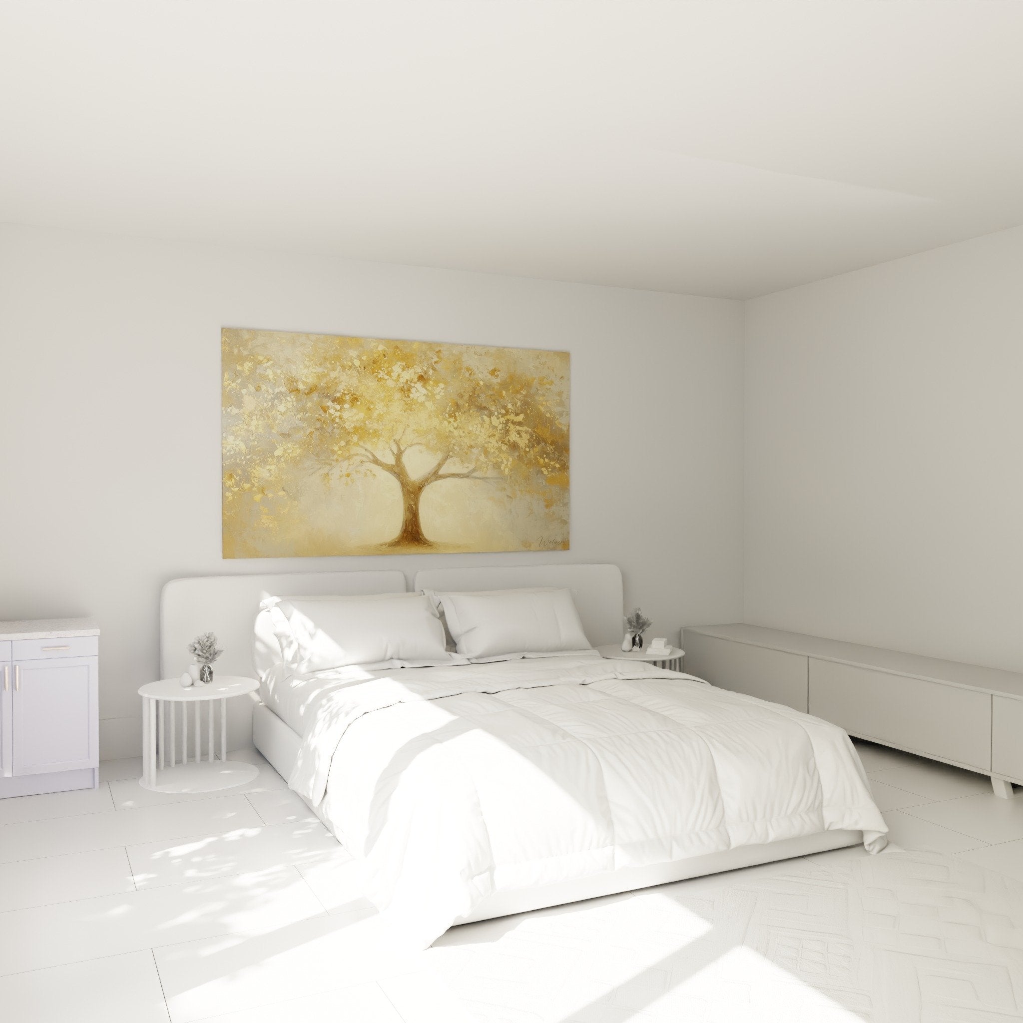 Tableau arbre dore accroche au-dessus du lit dans chambre moderne, ambiance chaleureuse et apaisante