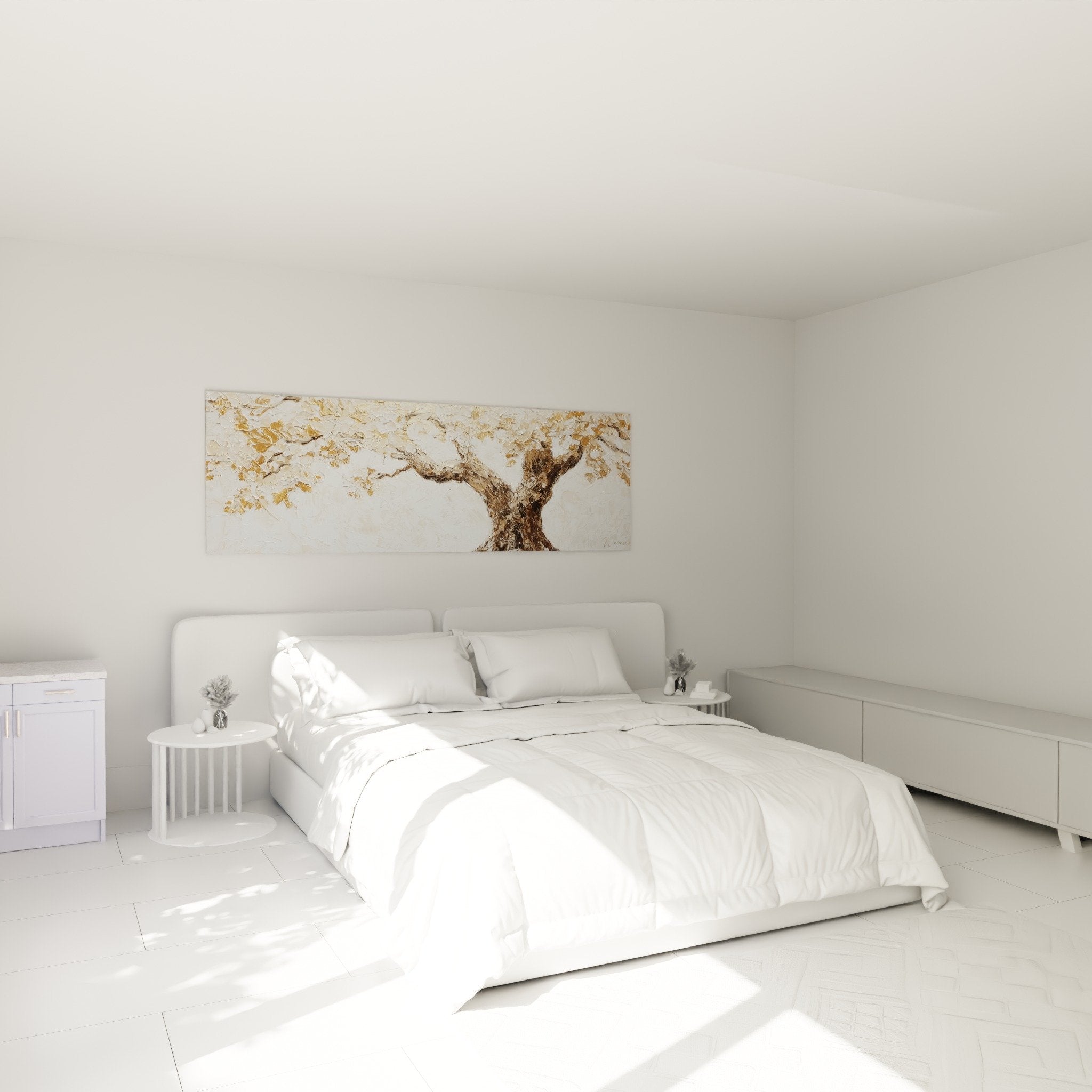 Tableau arbre doré accroché dans chambre moderne aux murs blancs avec mobilier bois naturel
