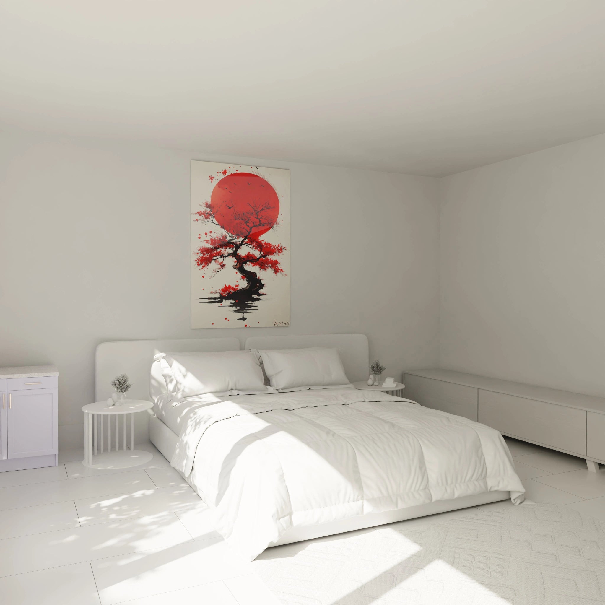Un tableau japon minimaliste montrant un arbre aux branches noires sinueuses et feuilles rouges qui se détache sur un grand disque solaire rouge éclatant, avec des éclaboussures d'encre créant un effet de mouvement et une composition équilibrée sur fond ivoire.
