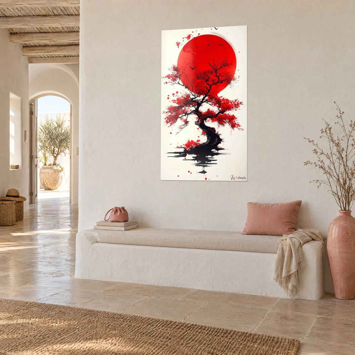 Gemälde verdrehter Kirschbaum mit zinnoberroten Blättern und schwarzem Stamm, große rote Scheibe, in einem mediterranen Haus im Dreiviertelblick