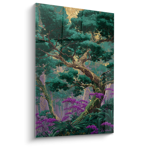 Tableau Arbre Majestueux aux Feuillages Émeraude et Fleurs Violettes - Harmonie Végétale - Edition Feng shui Sud-Est Bois