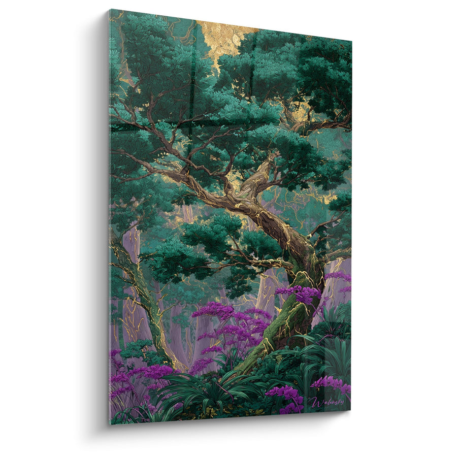 Tableau Arbre Majestueux aux Feuillages Émeraude et Fleurs Violettes - Harmonie Végétale - Edition Feng shui Sud-Est Bois