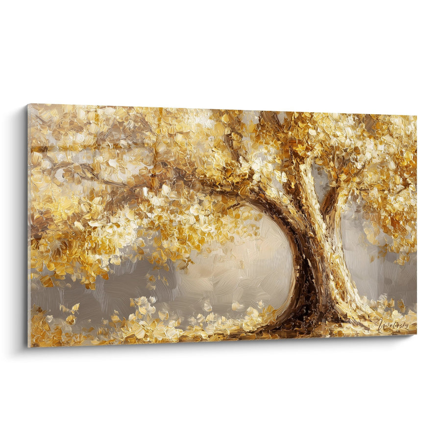 Tableau arbre aux feuillages dorés sur fond brumeux - Lumière d'automne - Edition arbre de vie