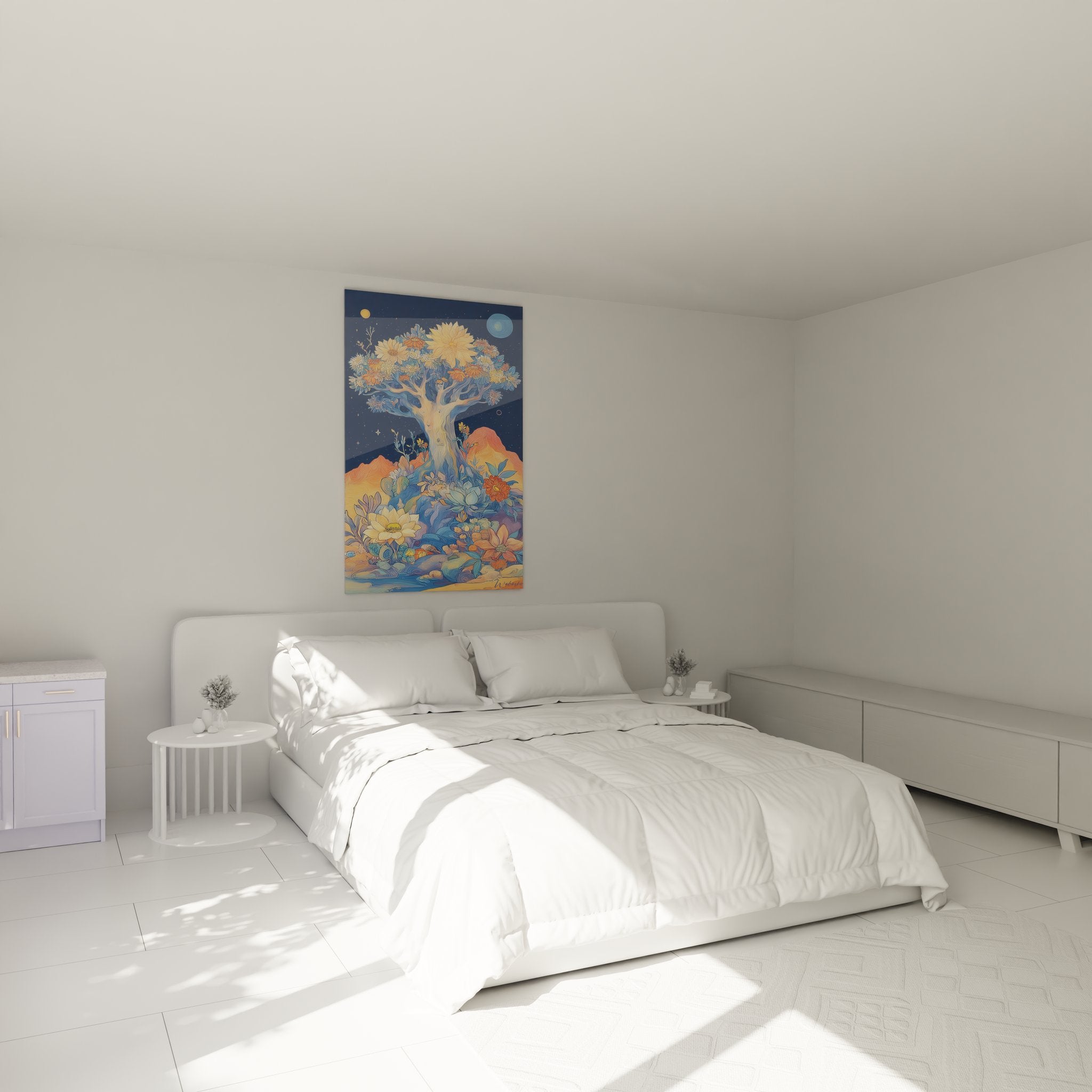 Ambiance chambre avec tableau arbre fleuri nocturne créant une décoration apaisante et nature