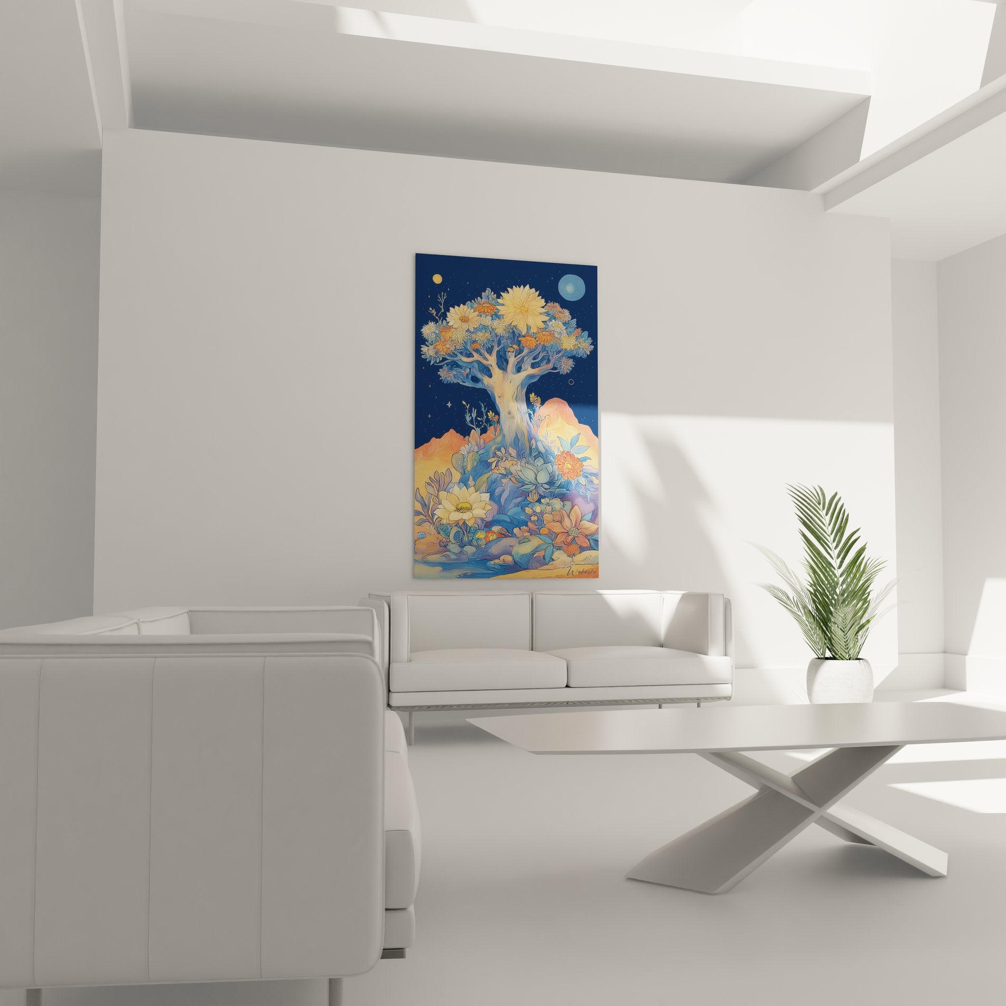 Détail gros plan tableau fleurs stylisées et branches artistiques aux couleurs chatoyantes