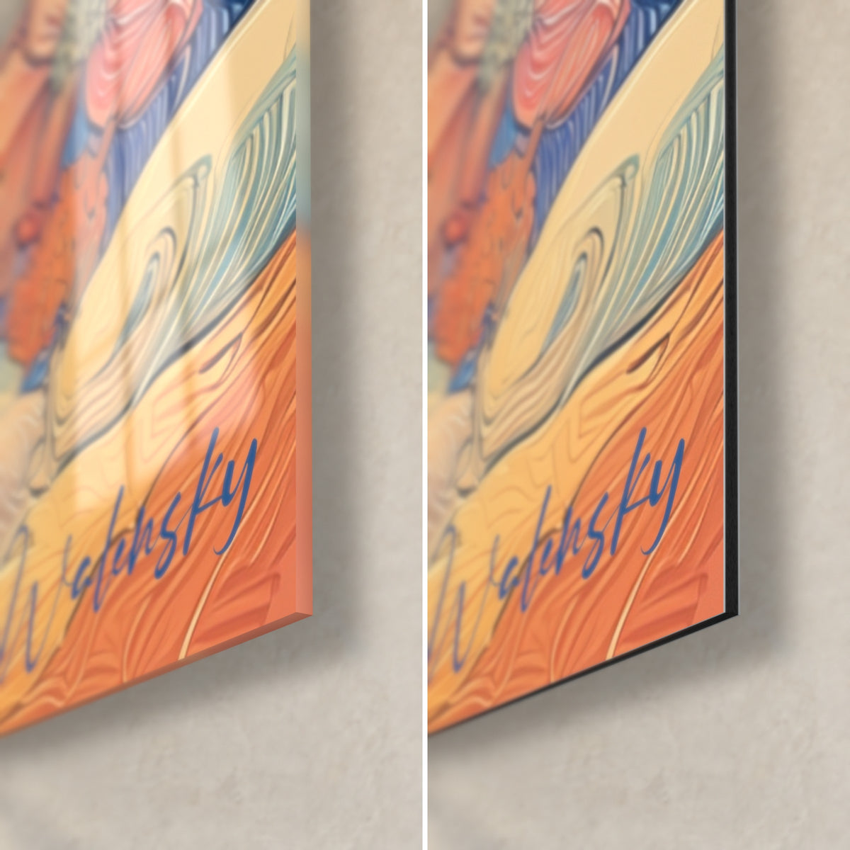 Gemälde Nachtgarten mit Walensky-Signatur in Orange, untere rechte Ecke, glänzendes Acrylglas und mattes Dibond-Aluminium, 3 mm Stärke