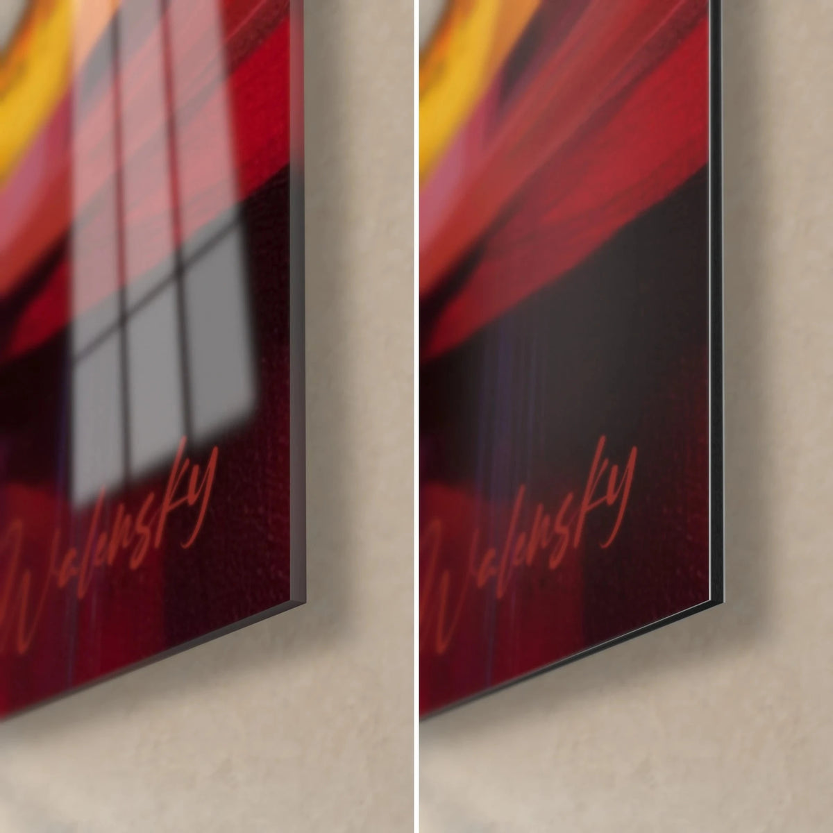Cuadro árbol pintado con pincelada libre, esquina inferior derecha: vidrio acrílico brillante con reflejos rojo oscuro, Dibond mate y canto fino