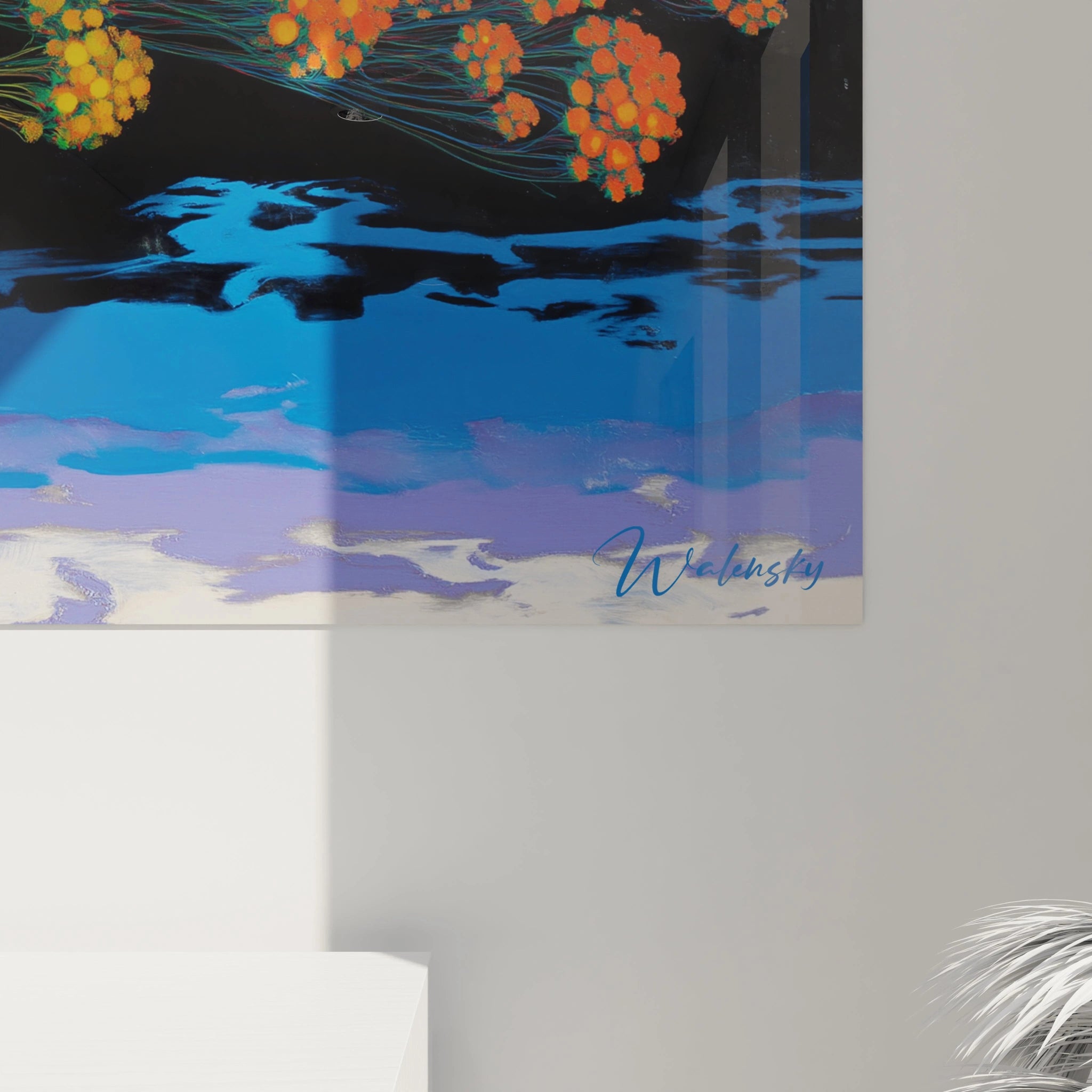 Tableau mural Walensky montrant un arbre stylisé à fleurs orange sur reflet bleu tableau arbre illusion mouvante