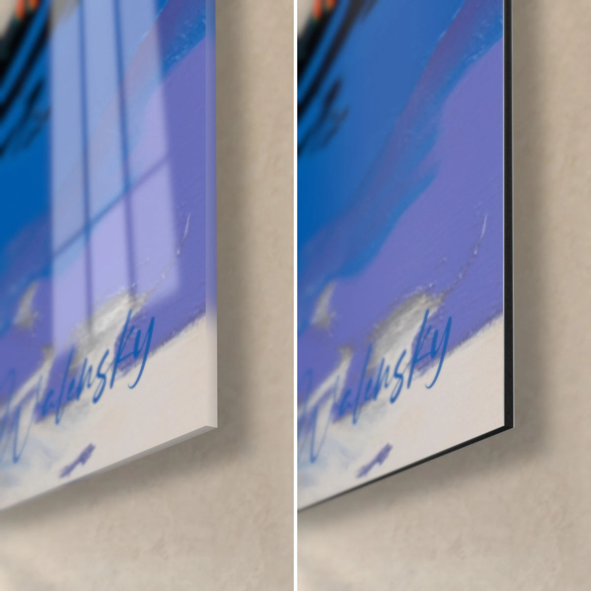 Wall art hypnotic tree, bottom-right corner: blue signature on violet, glossy reflective glass, matte Dibond, 3 mm edge