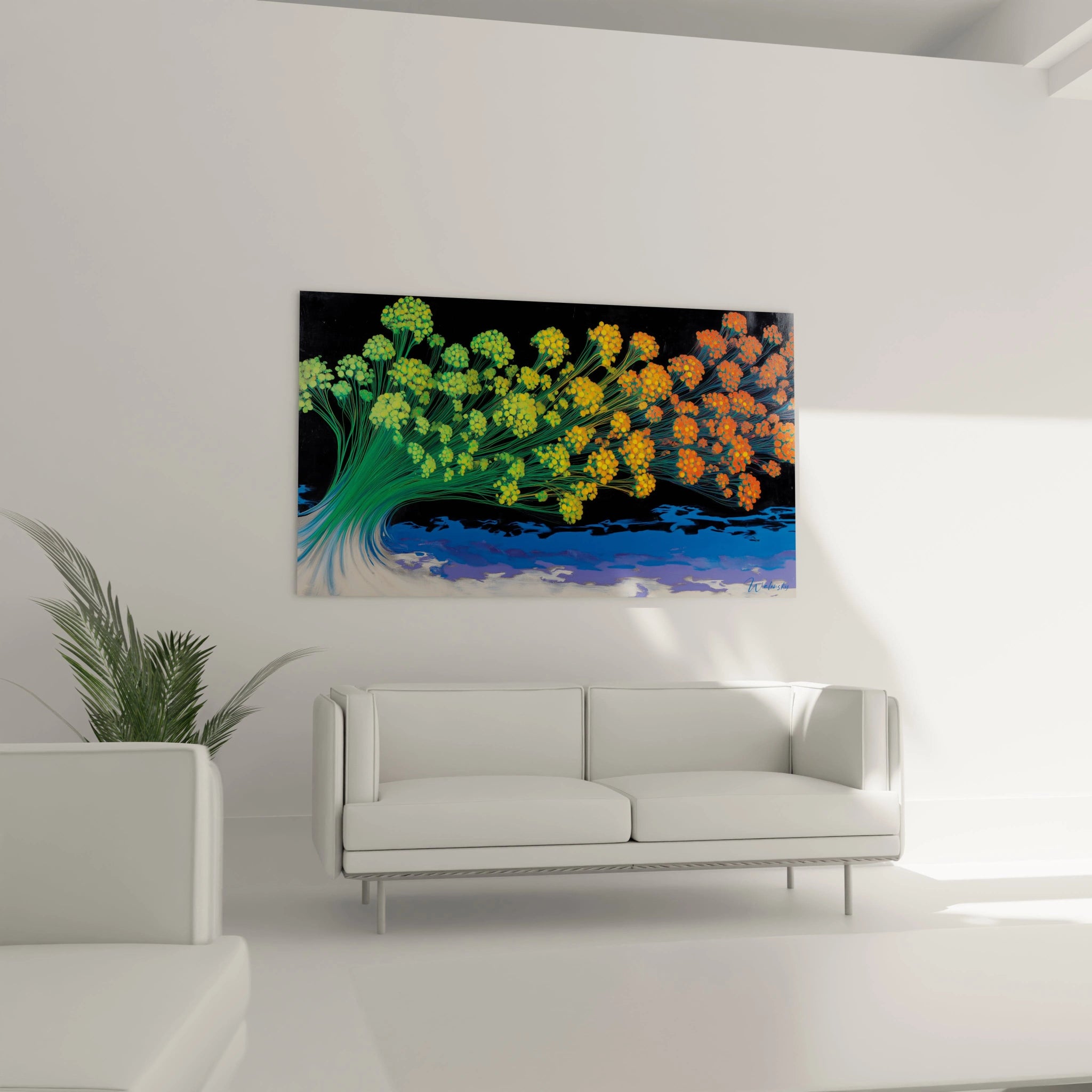 Walensky tableau arbre illusion mouvante grand tableau mural coloré avec arbre vert à orange sur fond noir