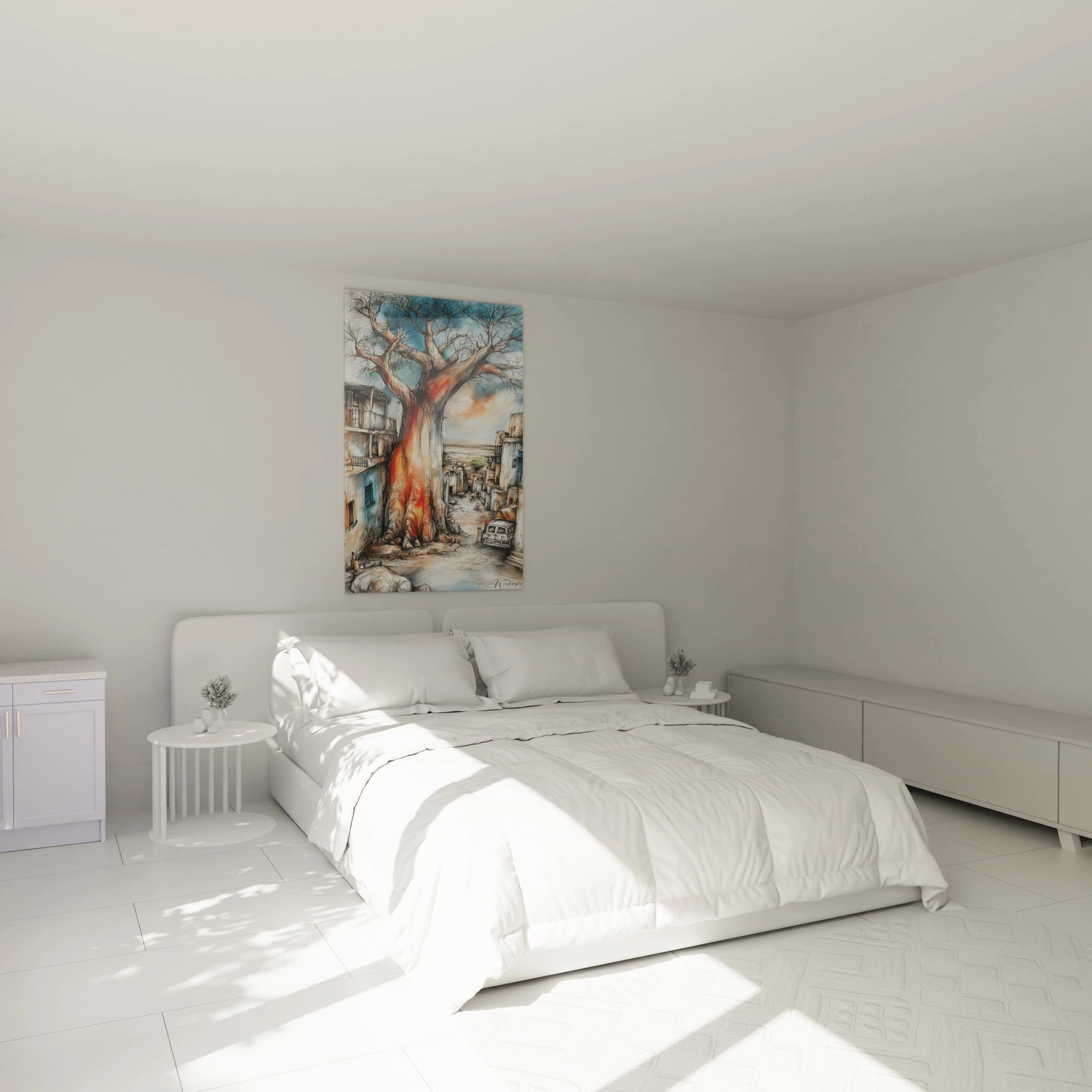 Tableau arbre généalogique africain suspendu dans une chambre lumineuse avec décoration moderne