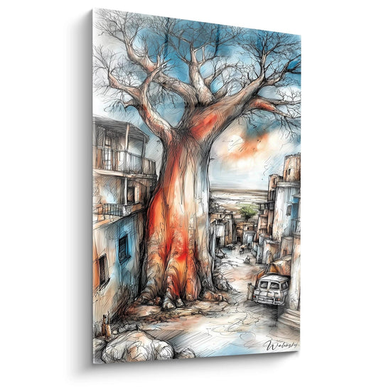 Quadro murale che rappresenta un albero genealogico africano stilizzato con un paesaggio urbano