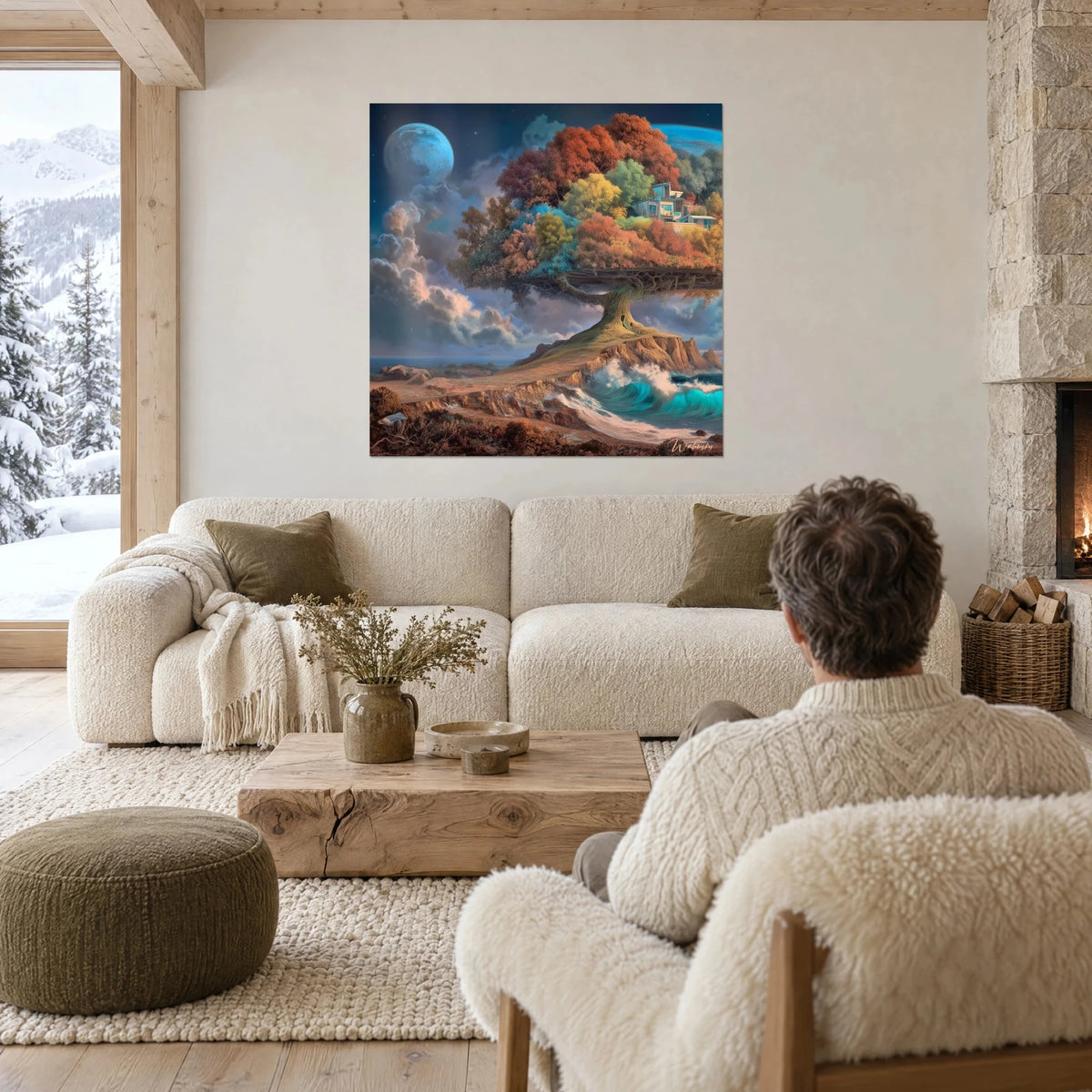 Gemälde Riesenbaum mit rostrotem und türkisfarbenem Laub auf einer Klippe, blauer Mond, schäumende Welle, über einem Sofa in einem hellen Wohnzimmer