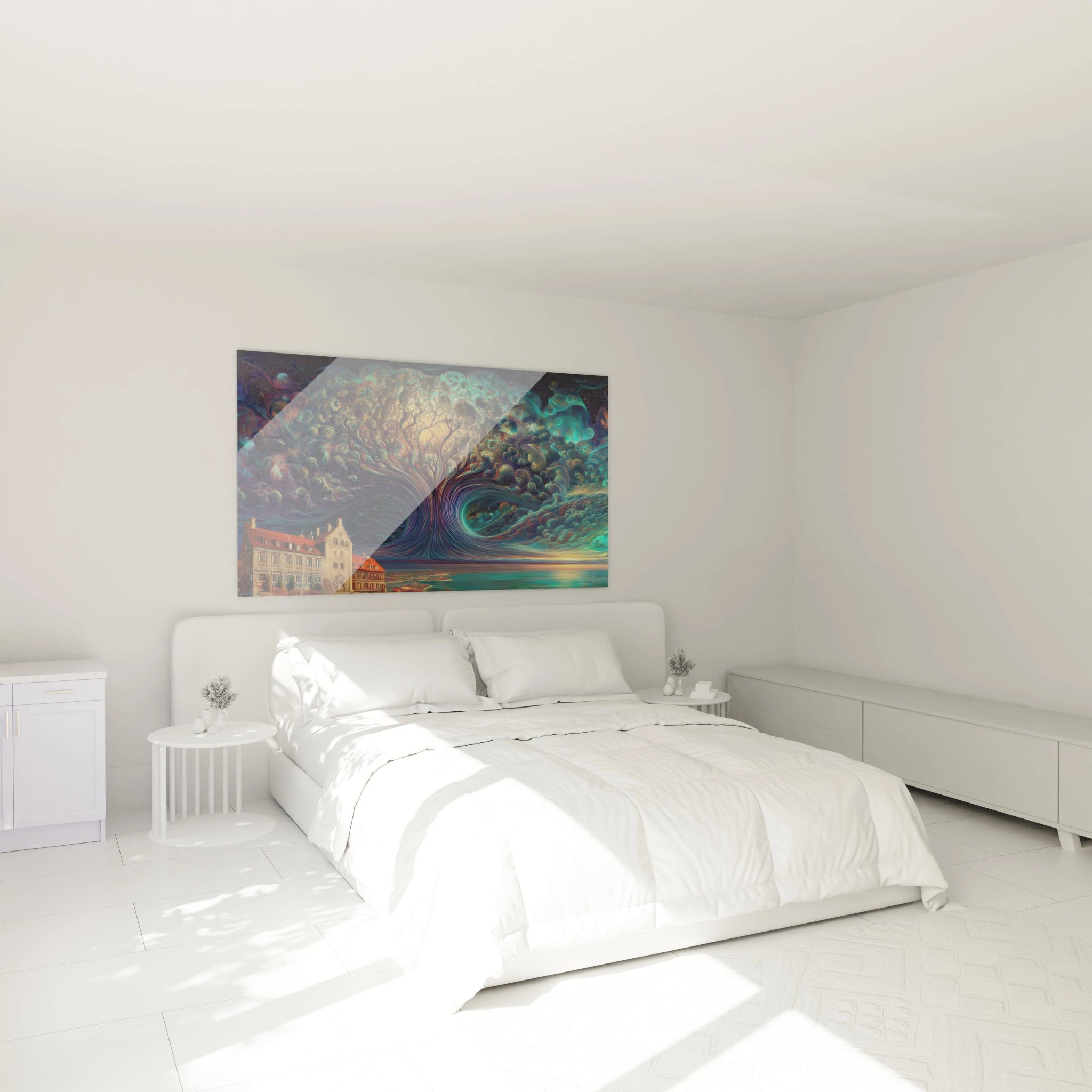 Walensky tableau mural au dessus de ce lit blanc présentant un tableau arbre surréaliste coloré et onirique