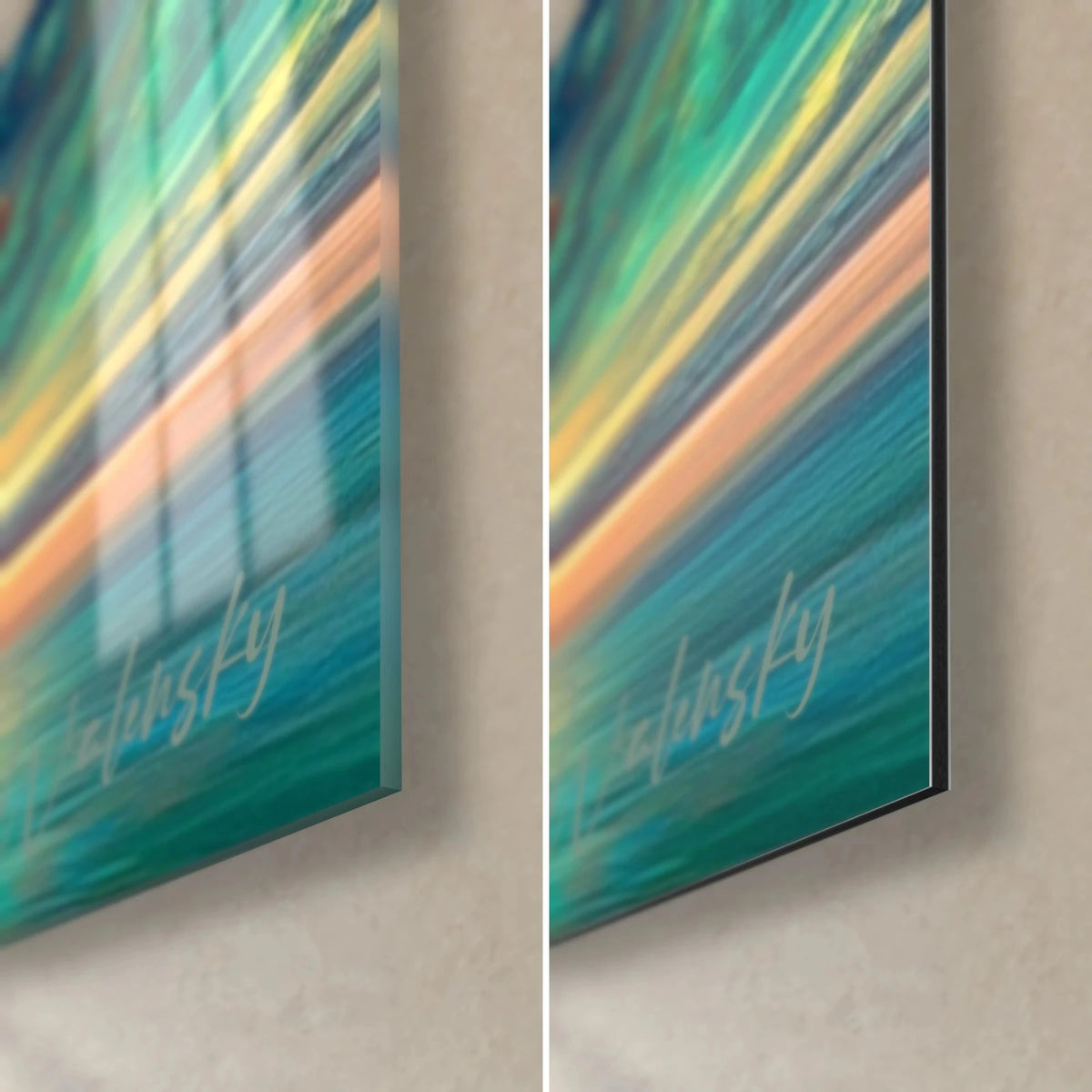 Cuadro árbol celestial con volutas turquesa y naranja, esquina inferior derecha: vidrio acrílico brillante con reflejos, aluminio Dibond mate, canto de 3 mm