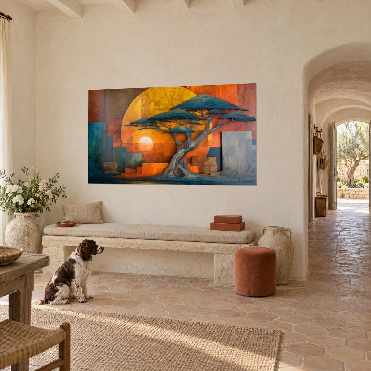 Schilderij savanne in de schemering, grote amberkleurige schijf en turquoise acacia, spaniël zittend voor een bank van een Provençaalse mas