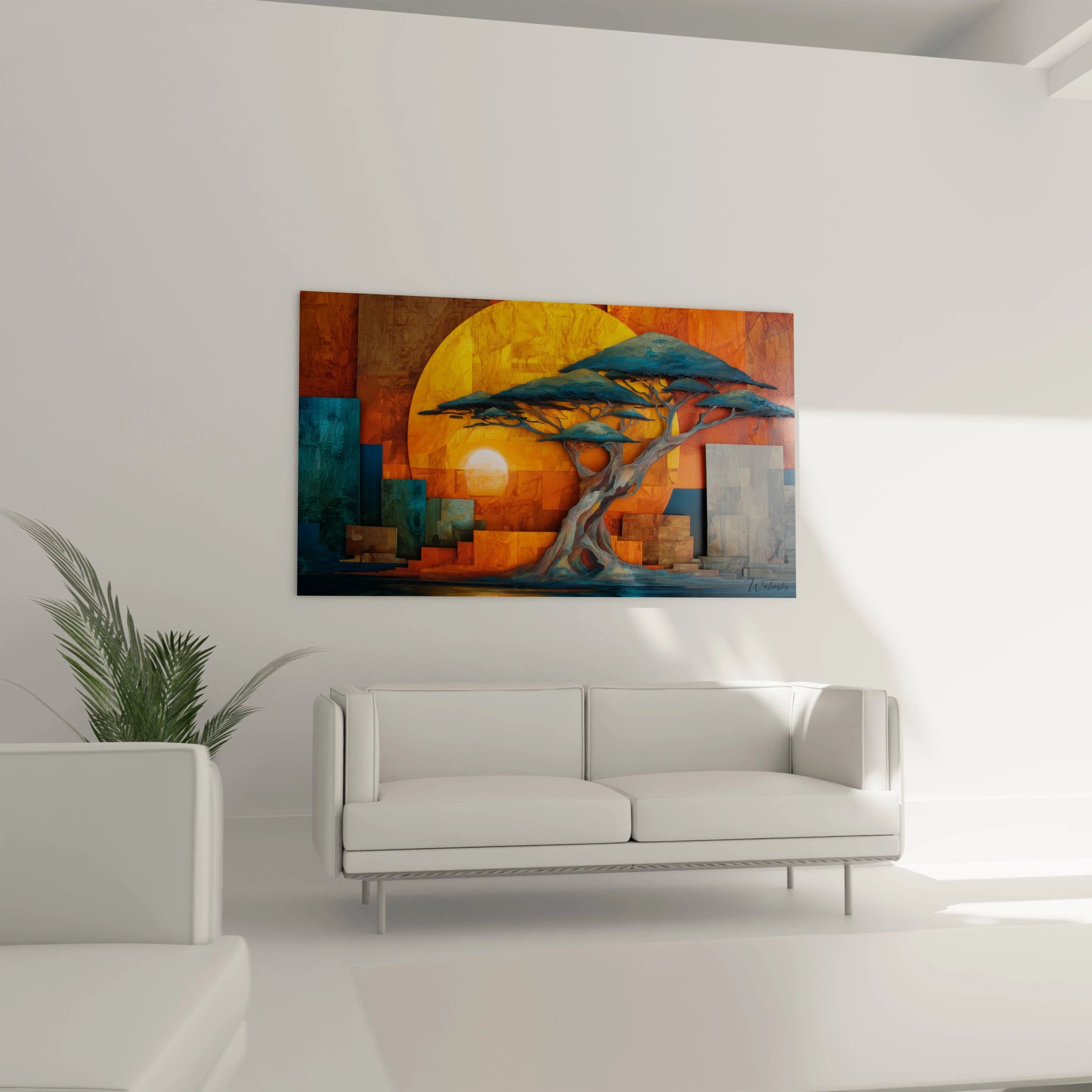 Tableau paysage africain moderne avec un arbre au coucher de soleil et des formes géométriques colorées