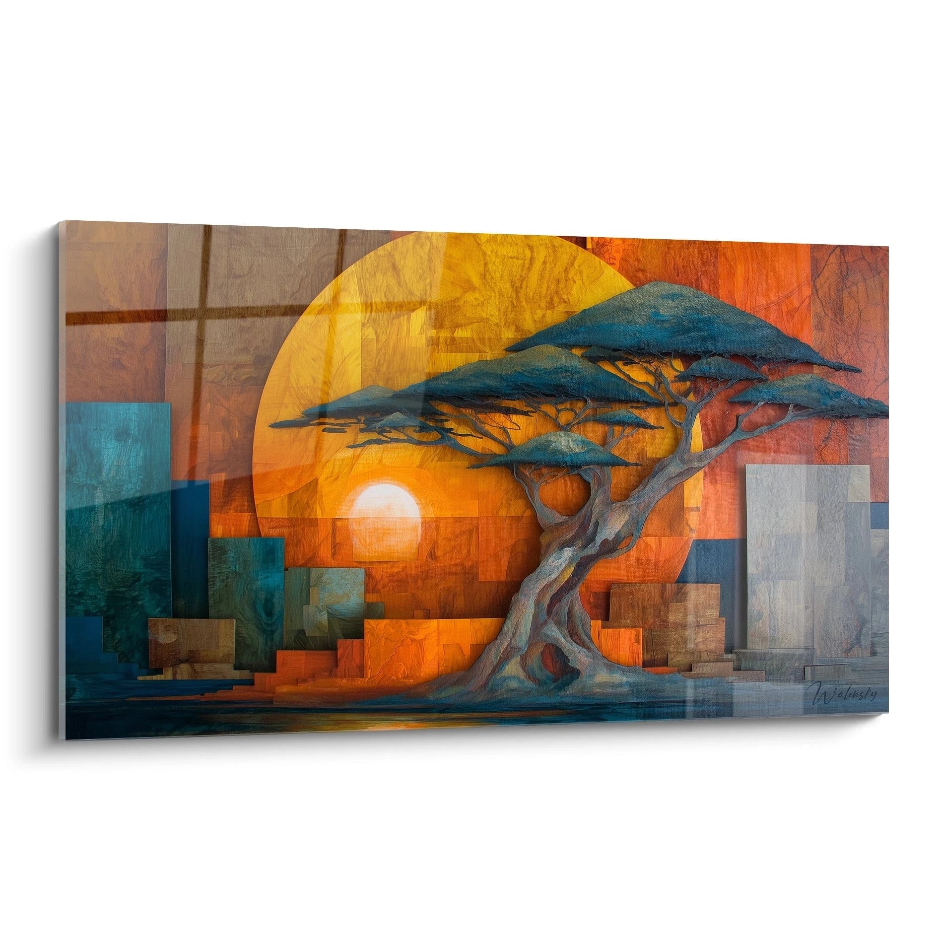 Tableau mural paysage africain moderne avec un arbre silhouetté et un coucher de soleil éclatant