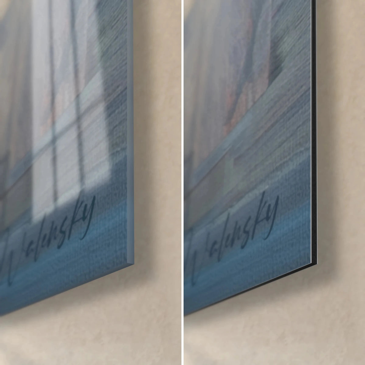 Schilderij Afrikaanse boom in turquoise en amber, rechtsonder in beeld, glanzend acrylglas en mat Dibond-aluminium, 3 mm dik