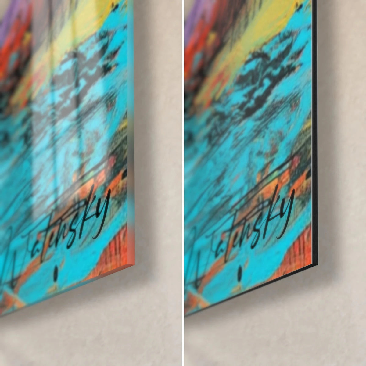 Wall art black ink tree, turquoise and orange lower right corner, Walensky signature, glossy glass and matte Dibond, 3 mm edge