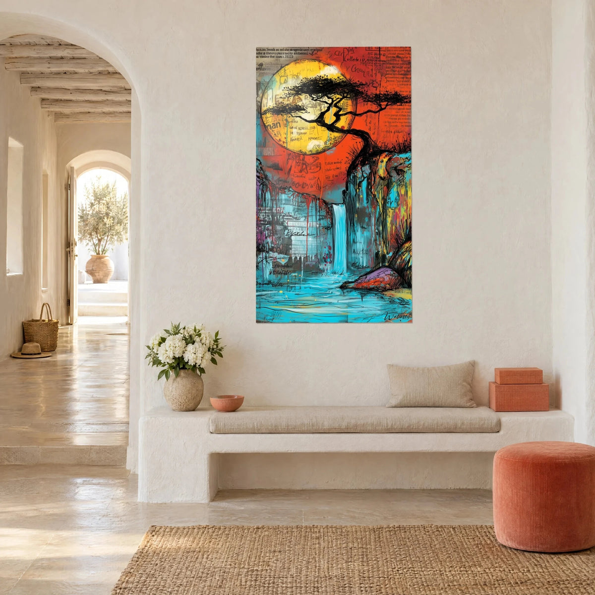 Wall art ink baobab against an ochre sun disc, turquoise waterfall and orange background, three-quarter view, banquette in a white house