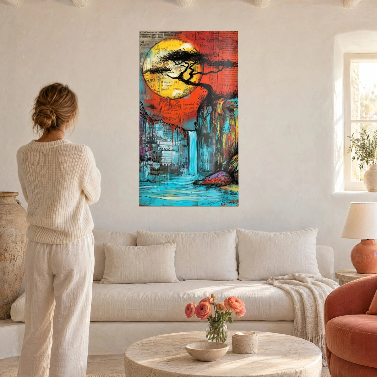 Wall art black acacia under a yellow sun, turquoise waterfall and red sky, woman seen from behind, above a sofa in a bright living room
