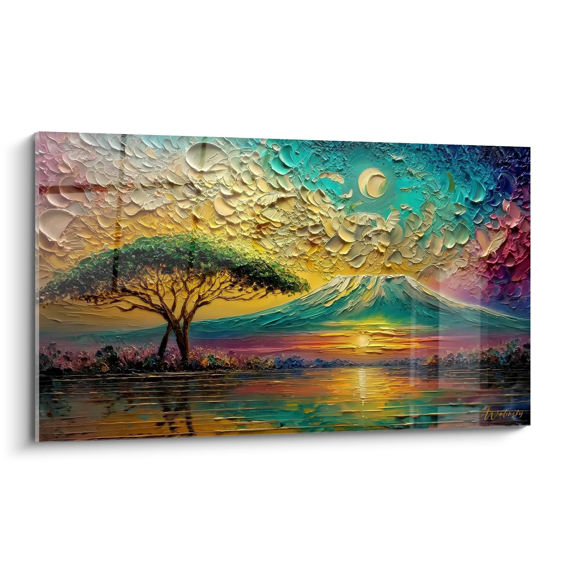 Tableau mural arbre solitaire coucher soleil montagne avec reflet lac - art décoratif paysage nature