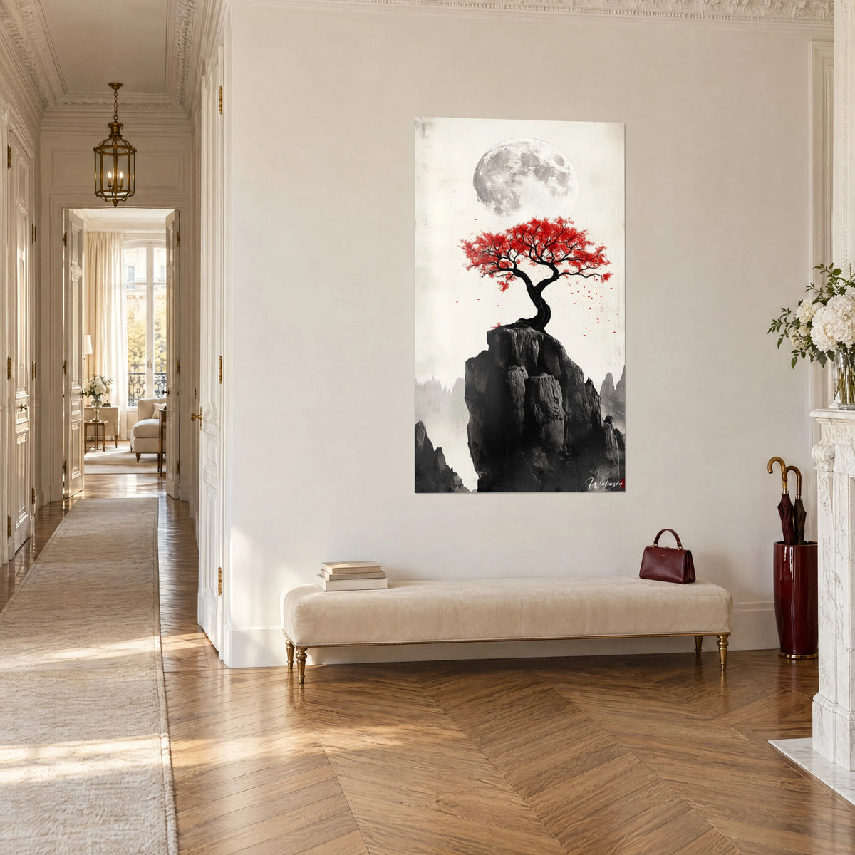 Cuadro árbol retorcido de hojas rojas posado sobre un pico de tinta negra, fondo crema, pasillo haussmanniano en perspectiva