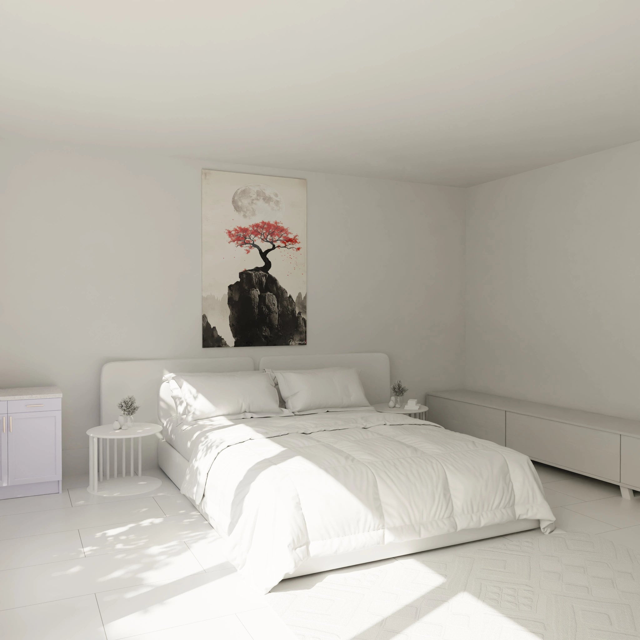 Tableau zen mural Walensky avec arbre rouge sur rocher pour décoration chambre minimaliste