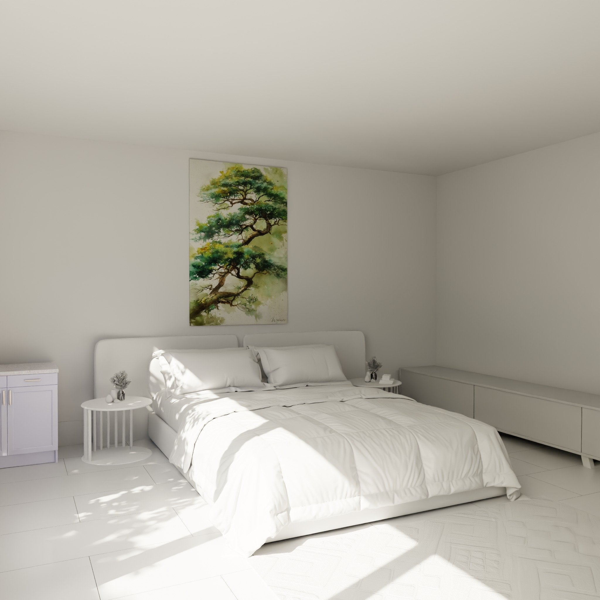 grünes baum wandbild im zen schlafzimmer feng shui wanddekoration holz beruhigende atmosphäre