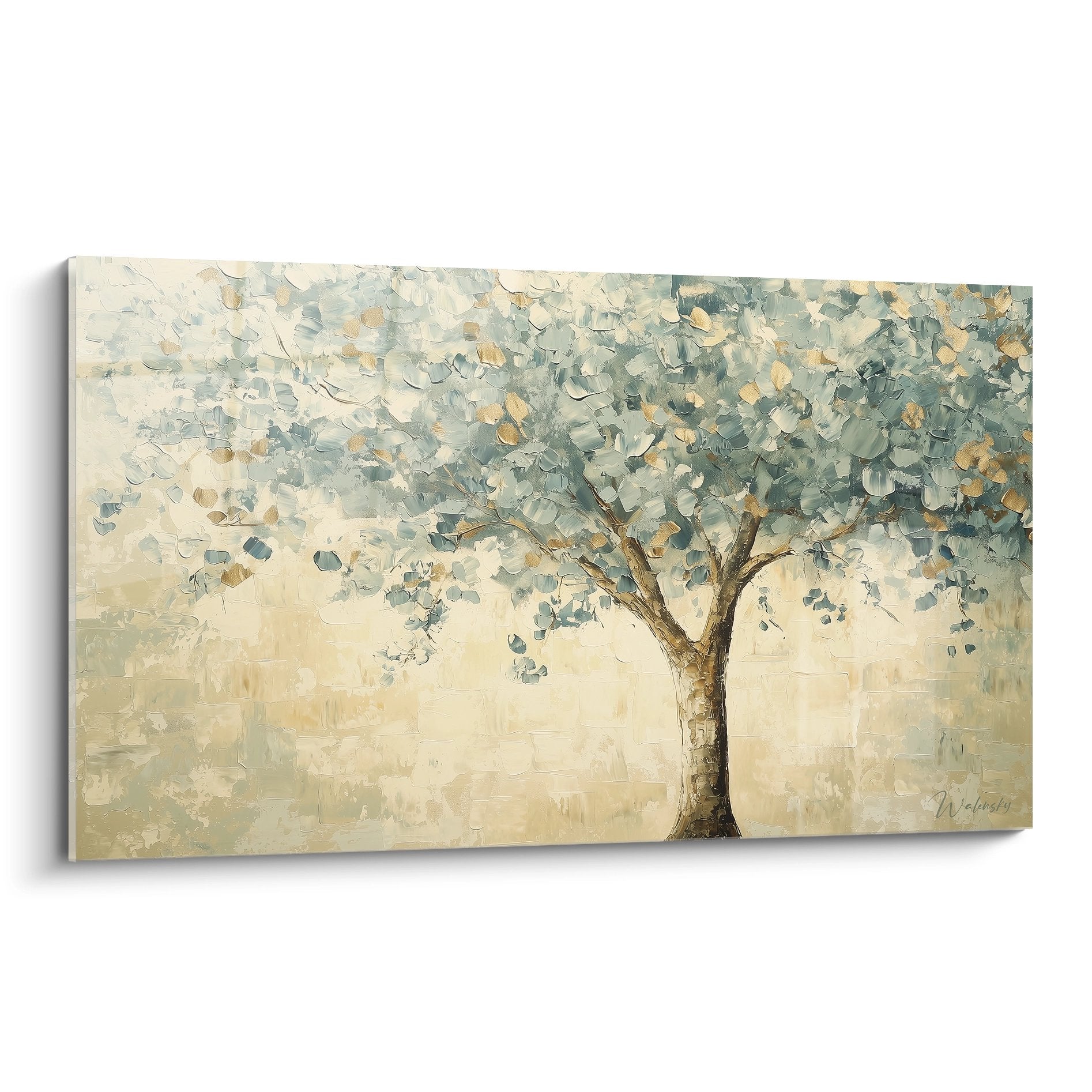 Tableau arbre de vie aux feuillages bleu-vert sur fond beige, style contemplatif et apaisant pour decoration murale