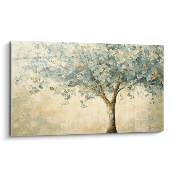 Cuadro de árbol solitario con follaje azul verdoso sobre fondo beige nacarado - Serenidad contemplativa - Edición árbol de la vida