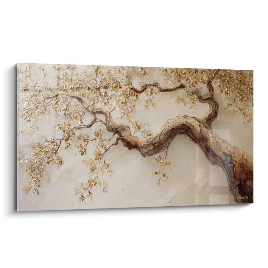 Tableau branche dorée aux tons beiges et textures relief - Ramure Précieuse - Edition arbre de vie