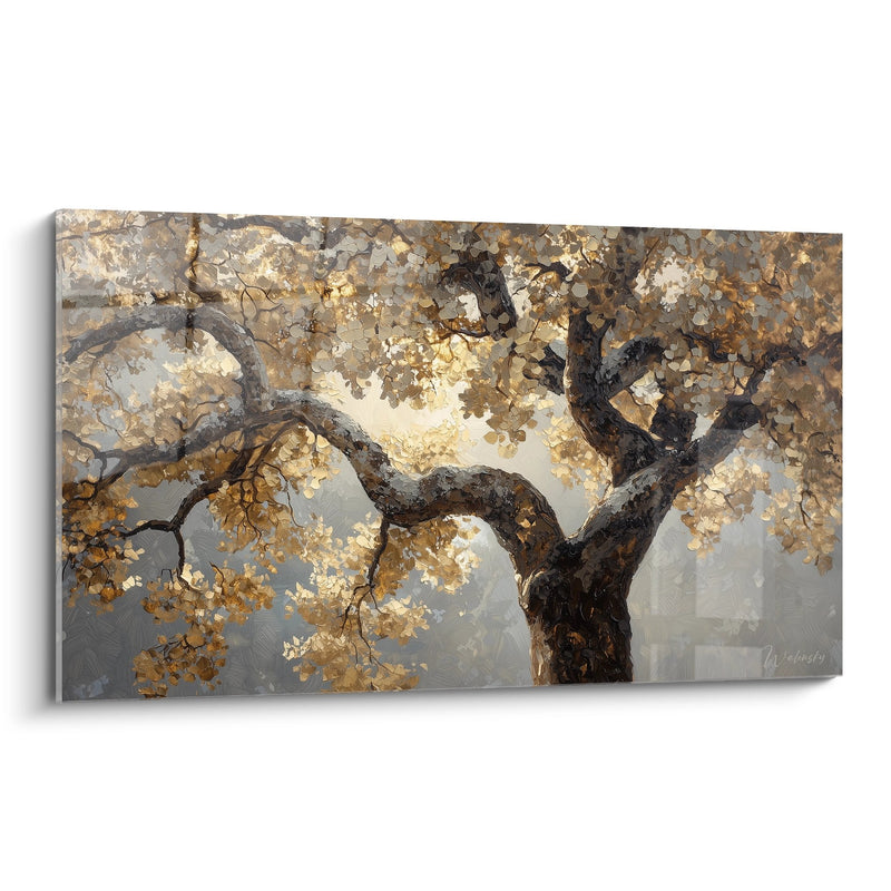 Tableau branches dorées sinueuses sur fond gris nuageux - Sagesse dorée - Edition arbre de vie