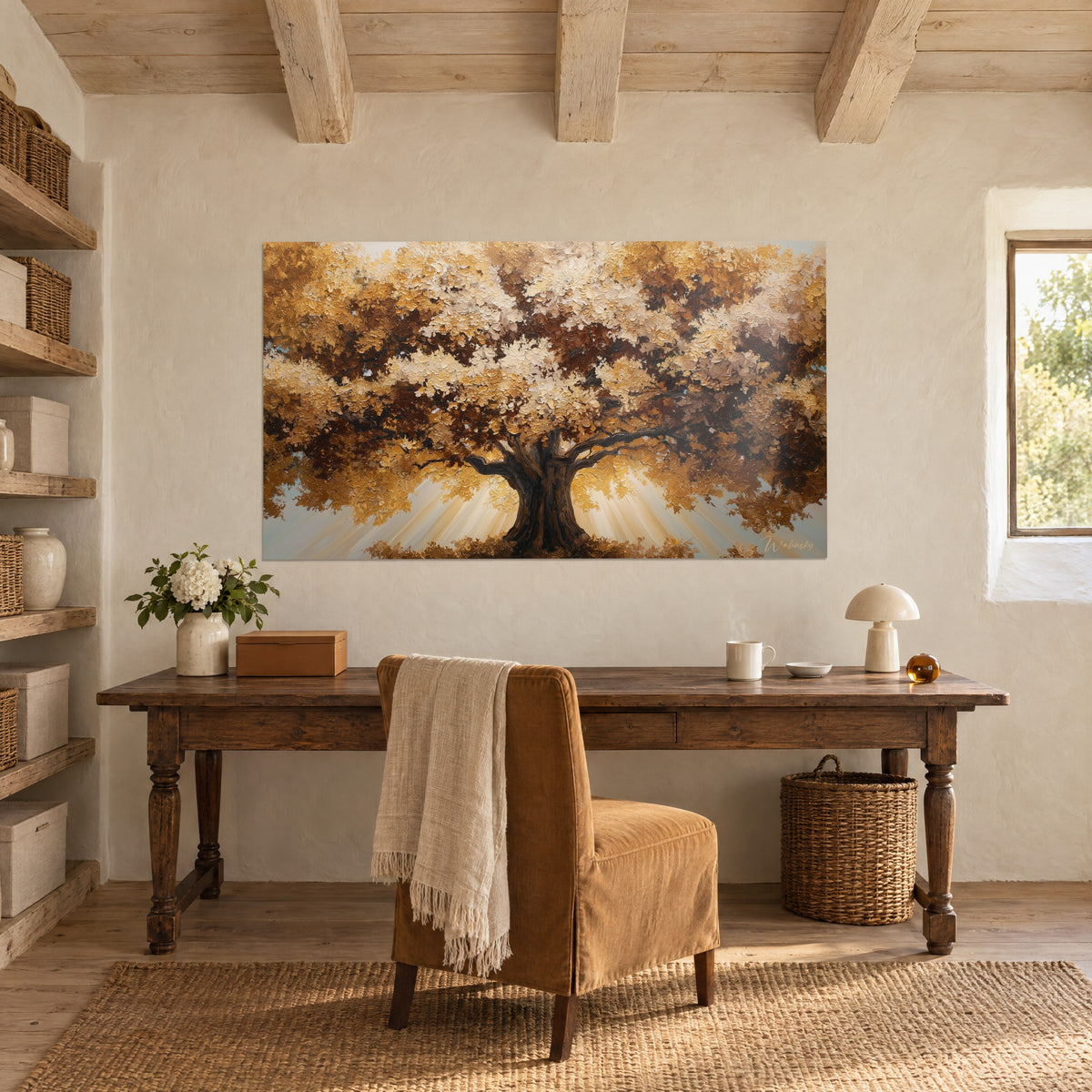 Wall art of honey and copper foliage on a gnarled trunk, pale fanned light rays, above an antique wooden desk