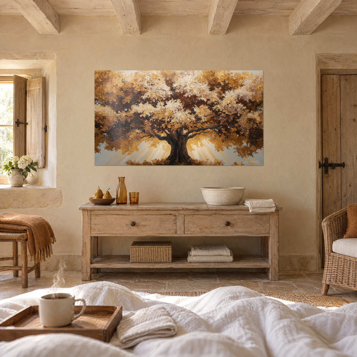 Wall art of a golden crown of an old oak, thick brushstrokes in chocolate brown and cream white, bright light rays, above a bed in a light bedroom