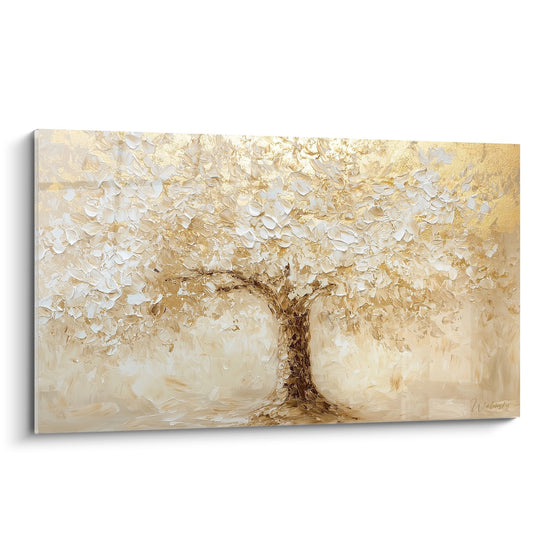 Goldenes Baum-Gemälde in Beige- und Weisstönen auf strukturierter Leinwand - Goldene Serenität - Lebensbaum Edition
