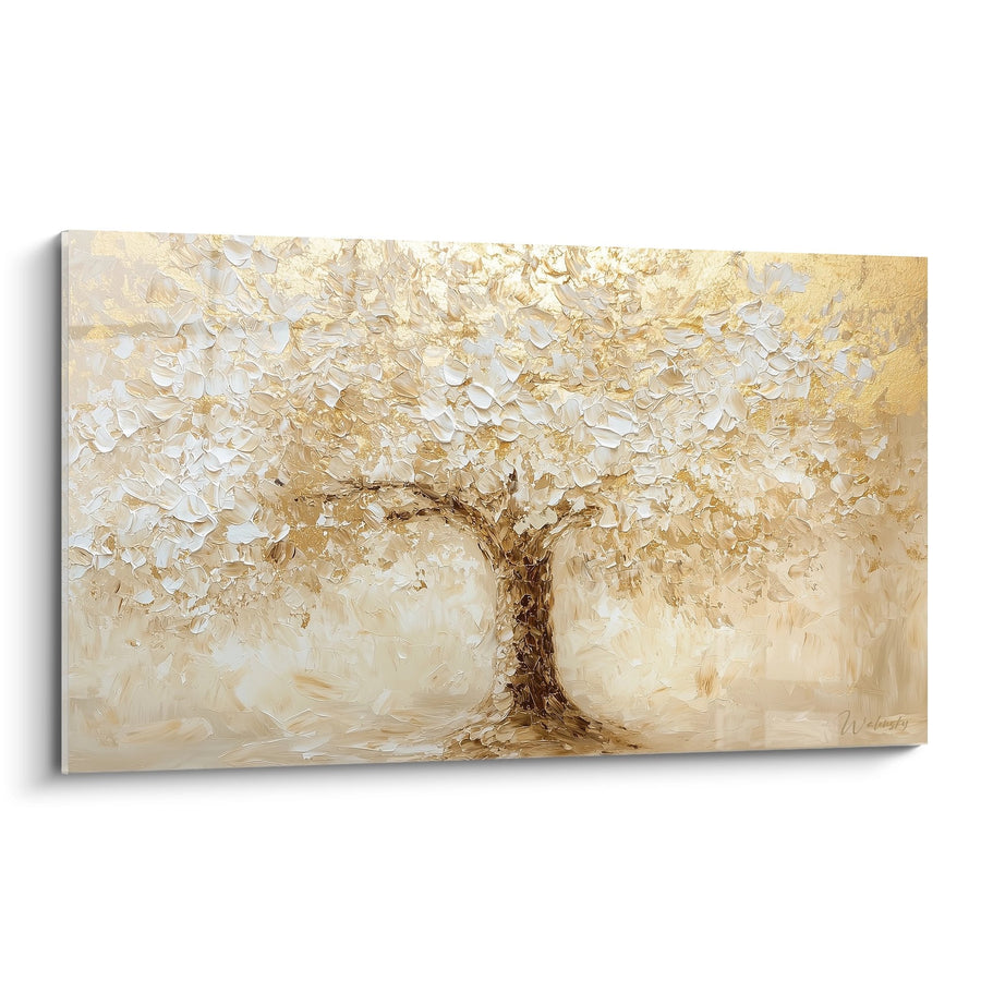 Tableau arbre doré aux tons beiges et blancs sur toile texturée - Sérénité dorée - Edition arbre de vie