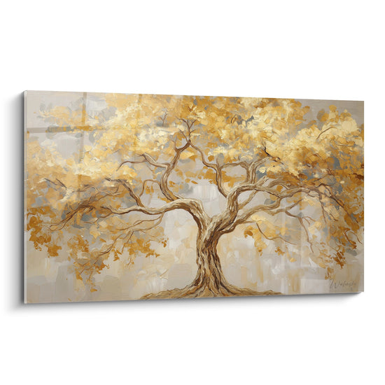 Quadro albero della vita in toni dorati e beige con rami dispiegati su sfondo sfumato stile artistico contemporaneo