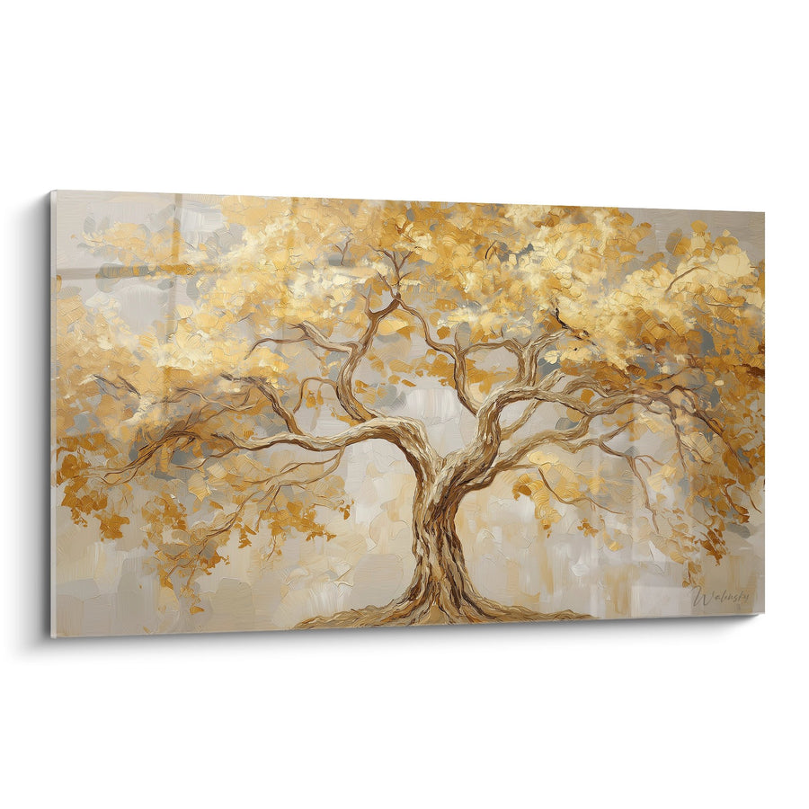 Tableau arbre majestueux aux tons dorés et beiges sur fond nuancé - Sérénité dorée - Edition arbre de vie