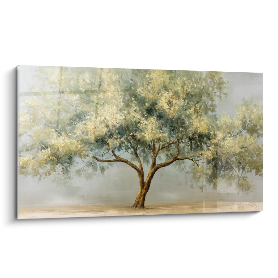 Tableau arbre solitaire aux feuillages dorés sur fond brumeux - Sérénité dorée - Edition arbre de vie