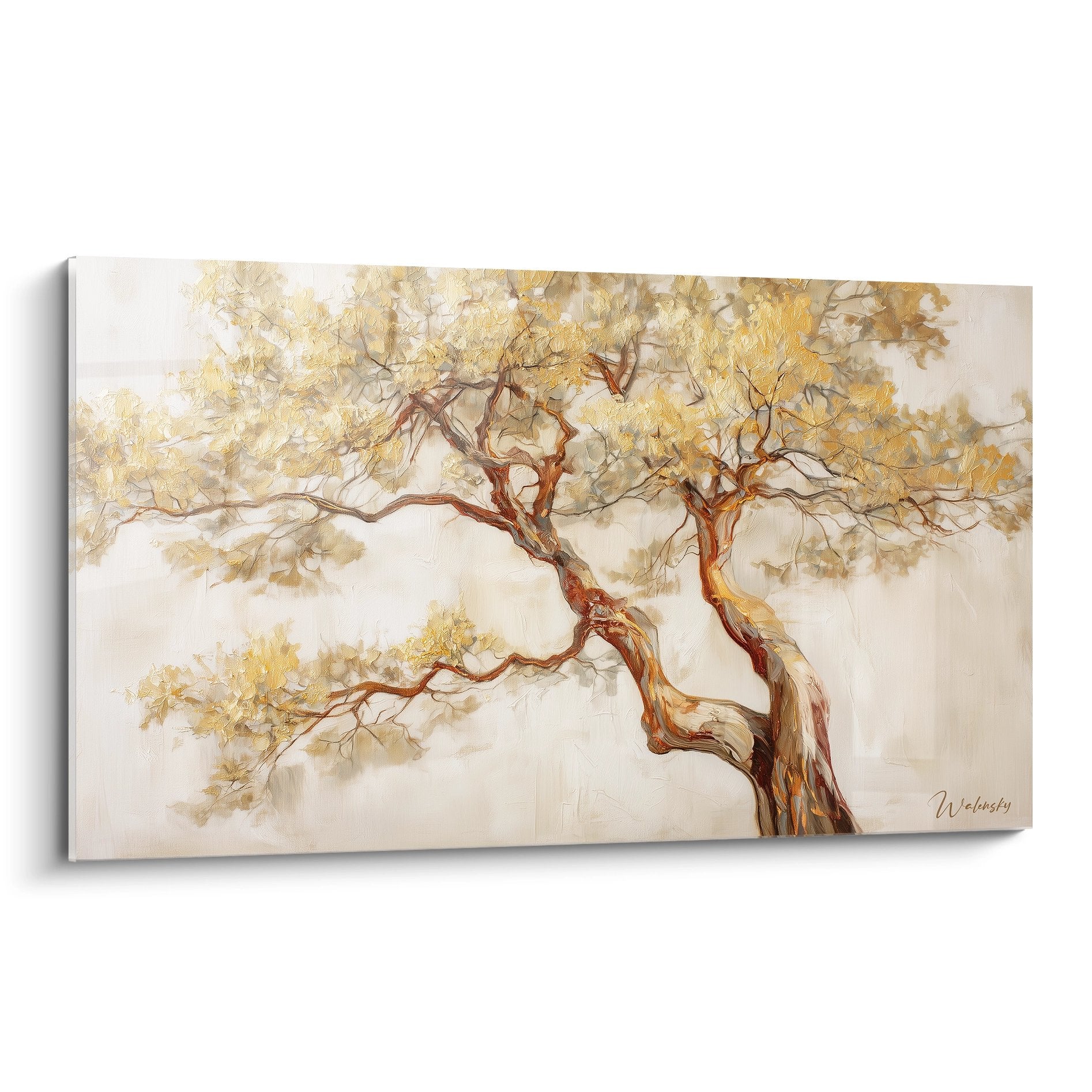 Tableau arbre de vie aux branches dorées et caramel sur fond ivoire, style artistique épuré et contemplatif