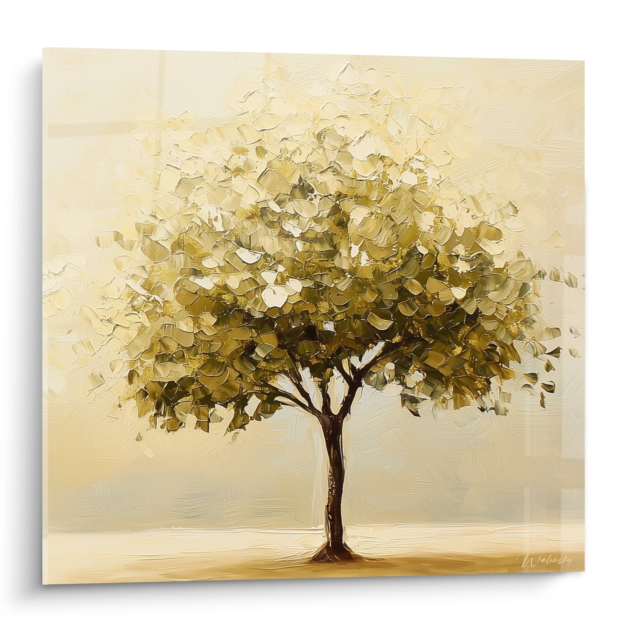 Tableau arbre de vie solitaire feuillage dore sur fond beige style impressionniste empate