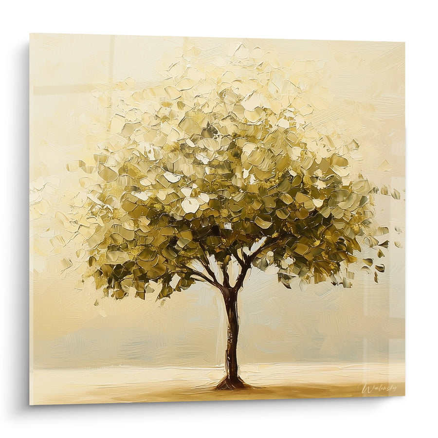 Tableau arbre solitaire aux feuillages dorés sur fond beige - Sérénité automnale - Edition arbre de vie
