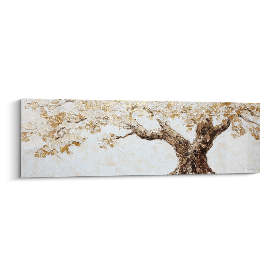 Tableau arbre majestueux aux feuillages dorés sur fond beige clair - Sérénité automnale - Edition arbre de vie