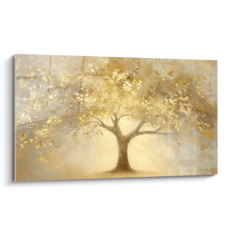 Majestic Tree Painting with Golden Foliage on Luminous Beige Background - Golden Light - Tree of Life Edition